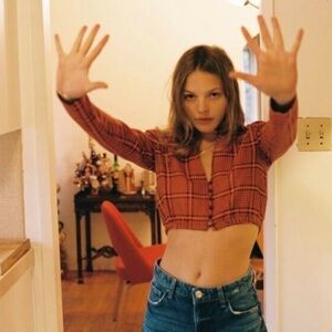 Zara houndstooth Plaid Button-Up Crop Top